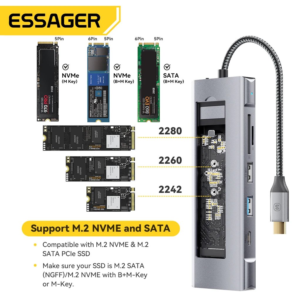 Essager ES-TA08 Hub USB-C 8-en-1 avec Boîtier SSD M.2 NVMe Intégré - Arsenal HANTKO
